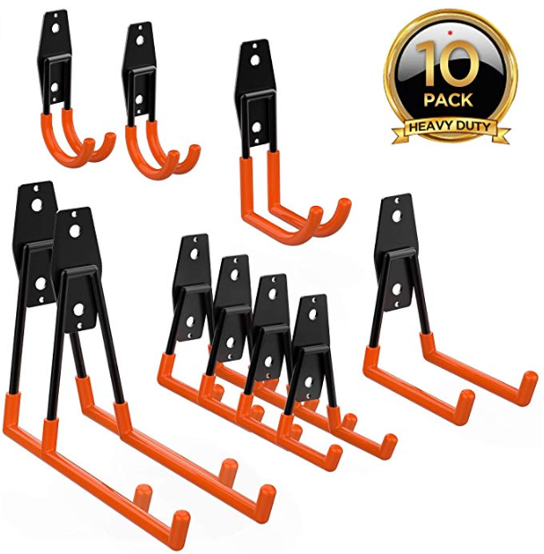 Orange Ladders Garage Hooks AMTOVL Utility Double Hooks 10PCS Steel Bucket Bracket 5 Sizes Non-slip Rubber Tool Hooks for Bulk Items etc Ropes Bicycles 