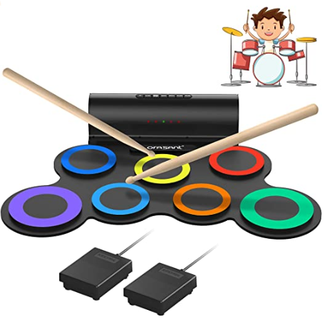 ORASANT Electronic Drum Set, Roll-able Electric Drum Set, Drum Practice Pad with Foot Pedals Drum Sticks Headphone Jack Built-in Speaker 10Hour Playtime Rechargeable Battery (Rainbow)